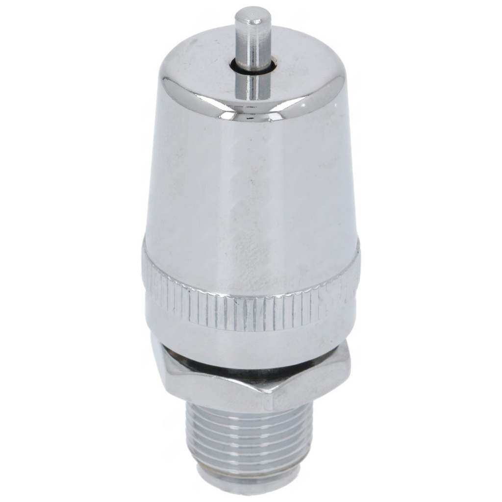Podtlakový ventil 3/8″ M: vroubkované chromované tělo, nahoře pojistný kolík, dole vnější závit Podtlakový ventil 3/8″ M: vroubkované chromované tělo, nahoře pojistný kolík, dole vnější závit