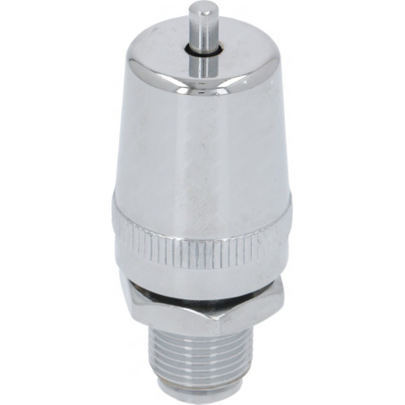 Podtlakový ventil 3/8″ M: vroubkované chromované tělo, nahoře pojistný kolík, dole vnější závit