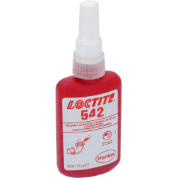 Červená lahvička tmelu Loctite 542 s bílým hrotem pro aplikaci a šroubovacím uzávěrem Červená lahvička tmelu Loctite 542 s bílým hrotem pro aplikaci a šroubovacím uzávěrem