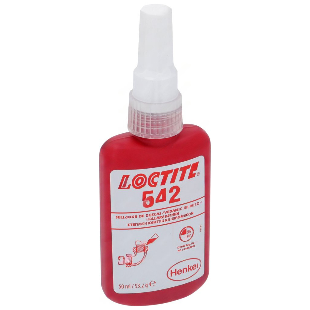 Červená lahvička tmelu Loctite 542 s bílým hrotem pro aplikaci a šroubovacím uzávěrem Červená lahvička tmelu Loctite 542 s bílým hrotem pro aplikaci a šroubovacím uzávěrem