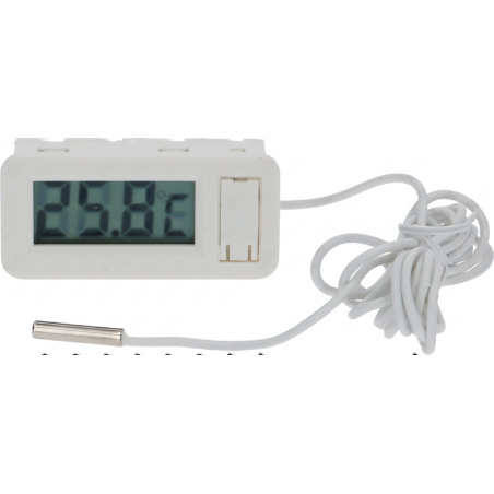 Bílý digitální teploměr s LCD displejem, bílý kabel s sondou na konci