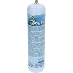 Bílá válcová kartuše s kyslíkem, nahoře mosazný ventil, štítek Oxygen