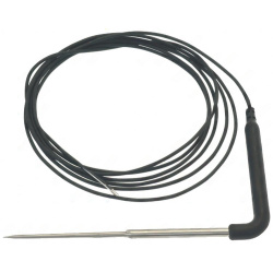 Černý kabel sondy PTC stočený do kruhu, zakončený kovovým hrotem zahnutým do pravého úhlu Černý kabel sondy PTC stočený do kruhu, zakončený kovovým hrotem zahnutým do pravého úhlu