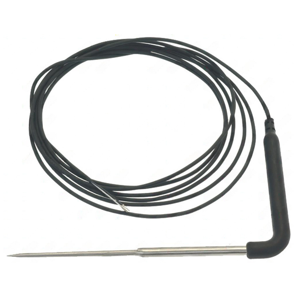Černý kabel sondy PTC stočený do kruhu, zakončený kovovým hrotem zahnutým do pravého úhlu Černý kabel sondy PTC stočený do kruhu, zakončený kovovým hrotem zahnutým do pravého úhlu