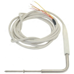 Vyhřívaná sonda ve tvaru L, bílý kabel stočený do kruhu a barevné vodiče na konci Vyhřívaná sonda ve tvaru L, bílý kabel stočený do kruhu a barevné vodiče na konci