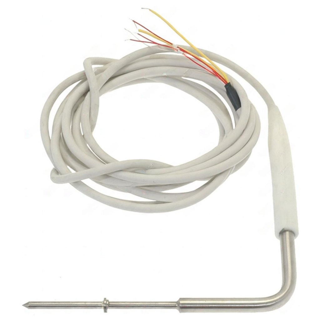 Vyhřívaná sonda ve tvaru L, bílý kabel stočený do kruhu a barevné vodiče na konci Vyhřívaná sonda ve tvaru L, bílý kabel stočený do kruhu a barevné vodiče na konci
