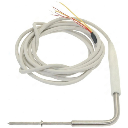 Vyhřívaná sonda ve tvaru L, bílý kabel stočený do kruhu a barevné vodiče na konci