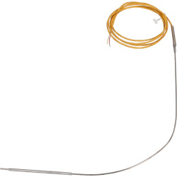 Tenká kovová jehla teplotní sondy, dlouhý žlutý kabel s odizolovanými konci