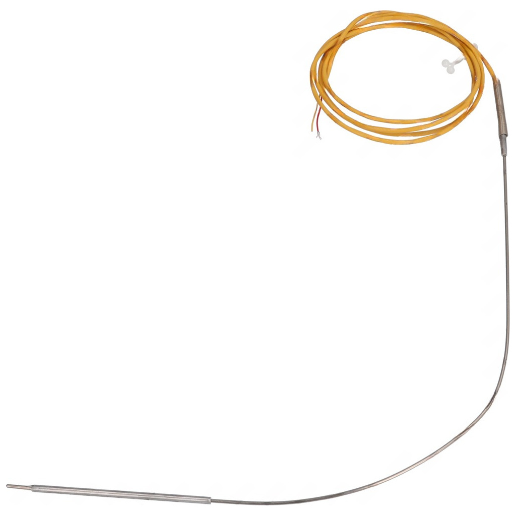 Tenká kovová jehla teplotní sondy, dlouhý žlutý kabel s odizolovanými konci