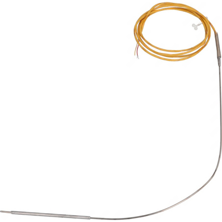 Tenká kovová jehla teplotní sondy, dlouhý žlutý kabel s odizolovanými konci