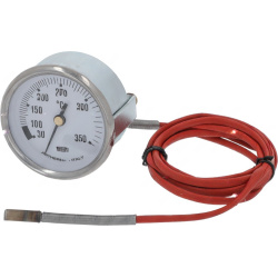 Bílý teploměr se stupnicí 50 až 350 °C, červený silikonový kabel vede k sondě Bílý teploměr se stupnicí 50 až 350 °C, červený silikonový kabel vede k sondě
