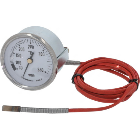 Bílý teploměr se stupnicí 50 až 350 °C, červený silikonový kabel vede k sondě