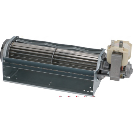 Válcový lopatkový rotor v plechovém pouzdře s motorem na boku, tangenciální ventilátor