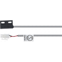 Černý magnetický mikrospínač s výstupkem pro montáž, šedý kabel končí bílým konektorem