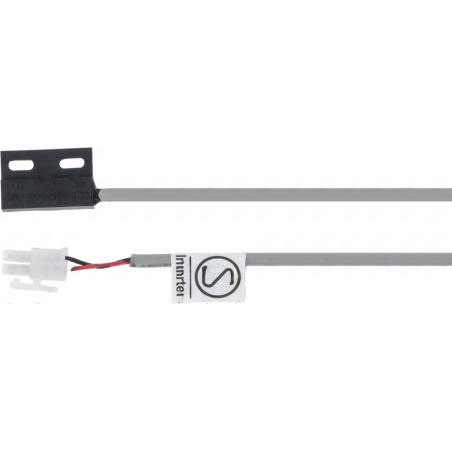 Černý magnetický mikrospínač s výstupkem pro montáž, šedý kabel končí bílým konektorem