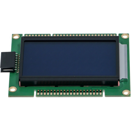 Deska displeje zelené barvy s modrým panelem LCD a řadou kolíků konektoru na boku