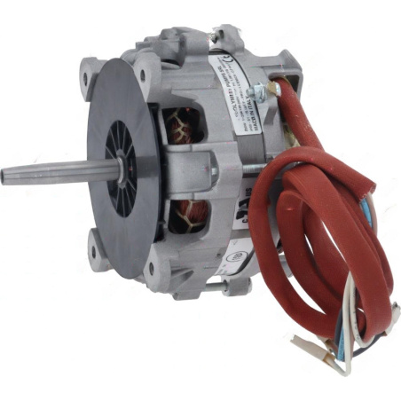 Jednofázový elektromotor s černým krytem ventilátoru, upevňovací přírubou a svazkem vodičů