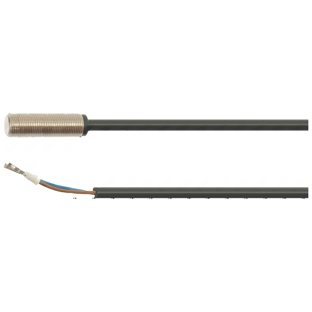 Magnetický mikrospínač v podobě válcového kovového čidla s dlouhým černým kabelem Magnetický mikrospínač v podobě válcového kovového čidla s dlouhým černým kabelem
