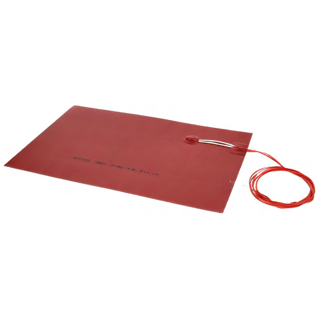 Samolepicí topná fólie z červeného silikonu, obdélník s kabelem a konektorem