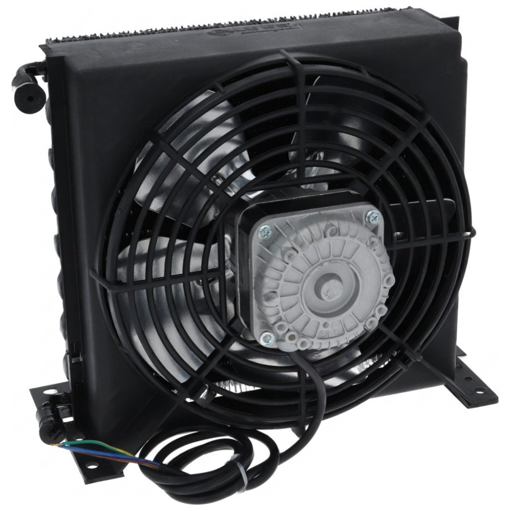 Hotový kondenzátor s černým ventilátorem, žebrovaným výměníkem a kabelem pro připojení Hotový kondenzátor s černým ventilátorem, žebrovaným výměníkem a kabelem pro připojení