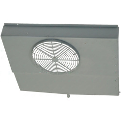 Šedý plastový panel s kruhovou mřížkou ventilátoru a otvory pro montáž podél okrajů