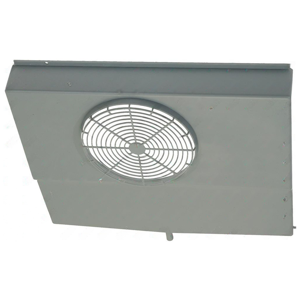 Šedý plastový panel s kruhovou mřížkou ventilátoru a otvory pro montáž podél okrajů
