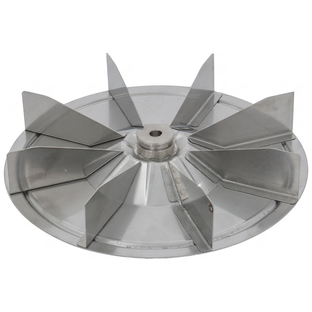 Kovový ventilátor, osm zahnutých lopatek kolem středového náboje Kovový ventilátor, osm zahnutých lopatek kolem středového náboje