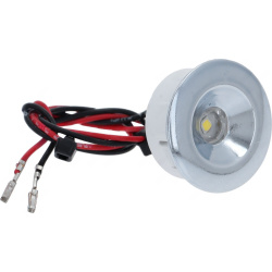 Chromový kulatý reflektor LED světla, červený a černý vodič zakončené konektory