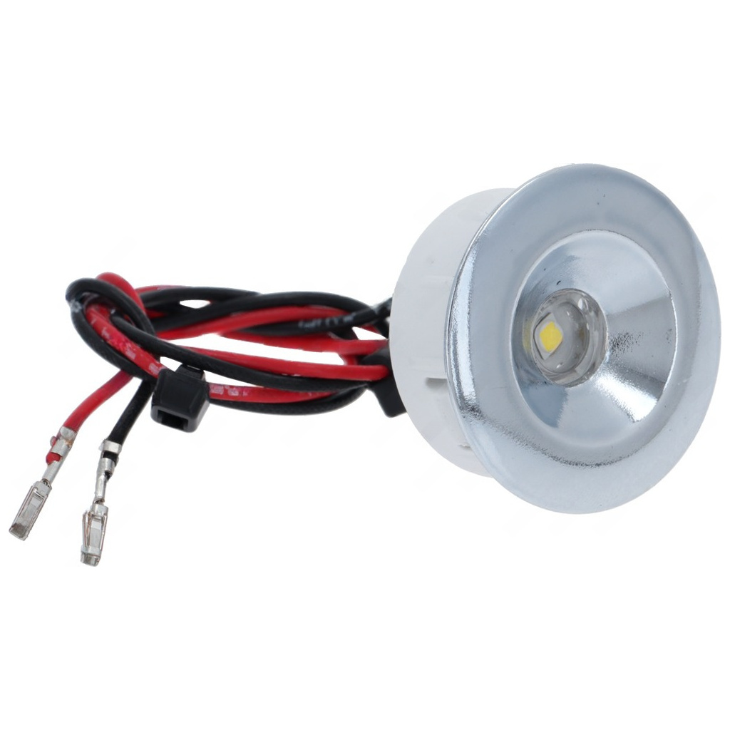 Chromový kulatý reflektor LED světla, červený a černý vodič zakončené konektory