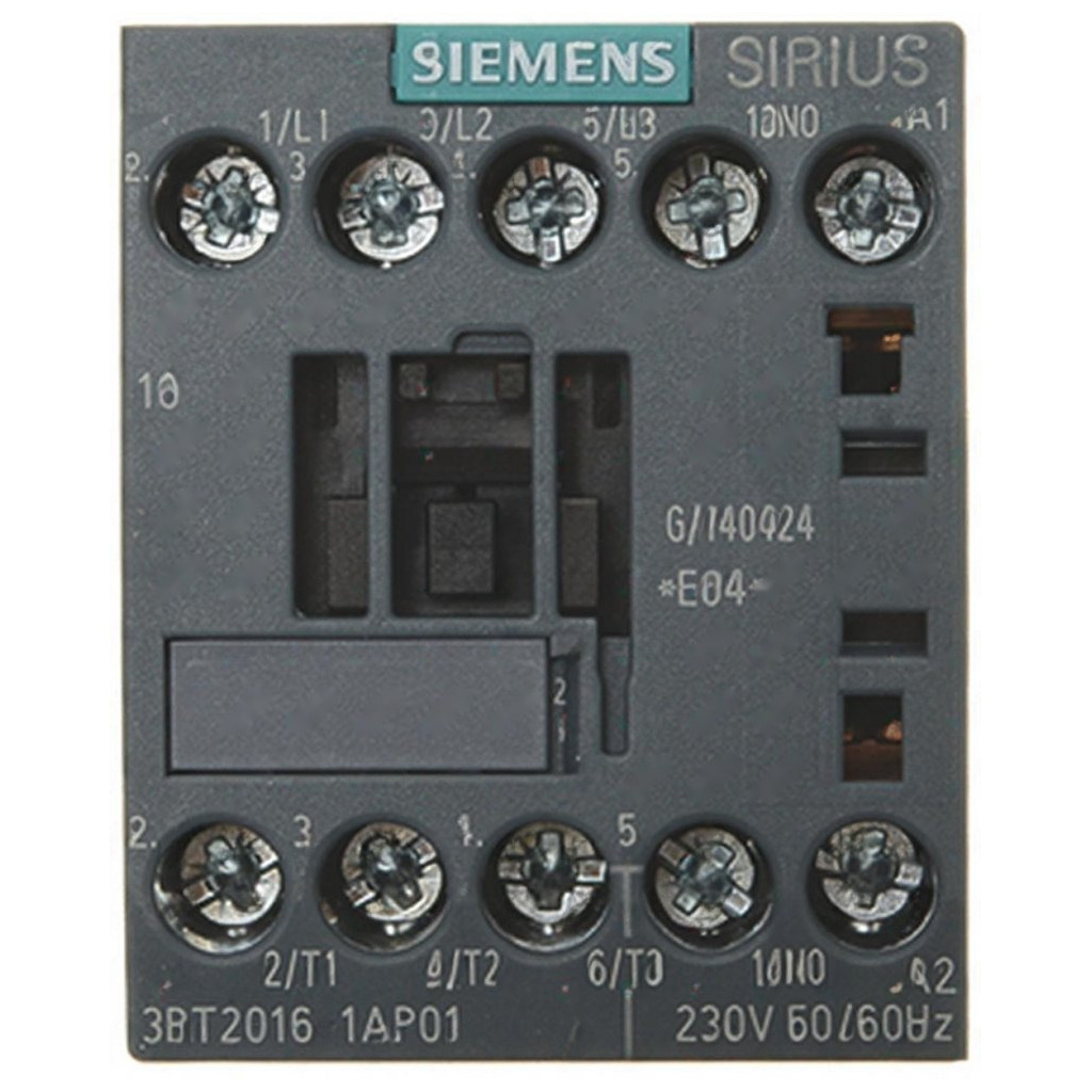 Šedý blok stykače řady Sirius se šroubovacími svorkami a popiskem 230 V 50/60 Hz