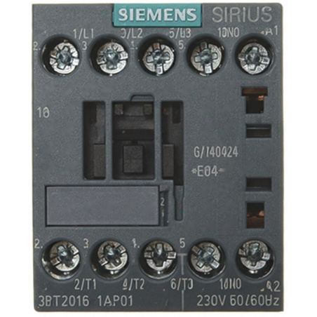 Šedý blok stykače řady Sirius se šroubovacími svorkami a popiskem 230 V 50/60 Hz