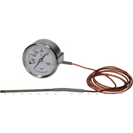 Bílý ciferník s rozsahem 50 až 350 °C a opletený měděný kabel s čidlem, dálkový teploměr