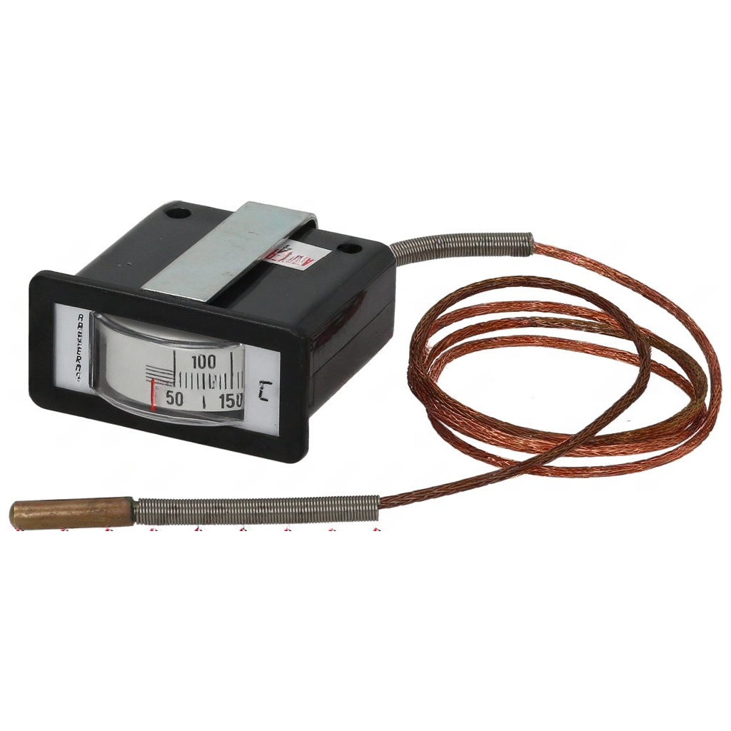 Černé obdélníkové pouzdro teploměru se stupnicí 50 až 350 °C, opletený měděný kabel a sonda Černé obdélníkové pouzdro teploměru se stupnicí 50 až 350 °C, opletený měděný kabel a sonda