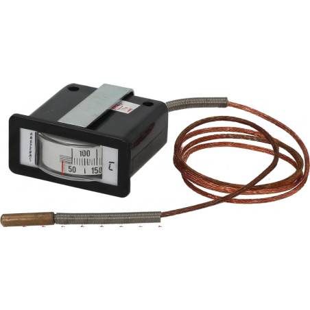 Černé obdélníkové pouzdro teploměru se stupnicí 50 až 350 °C, opletený měděný kabel a sonda