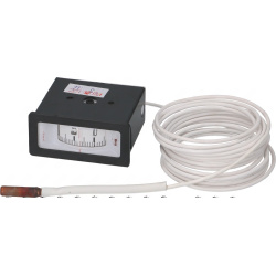 Obdélníkový černý teploměr pro 0 až 120 °C, stočený bílý kabel vede k sondě