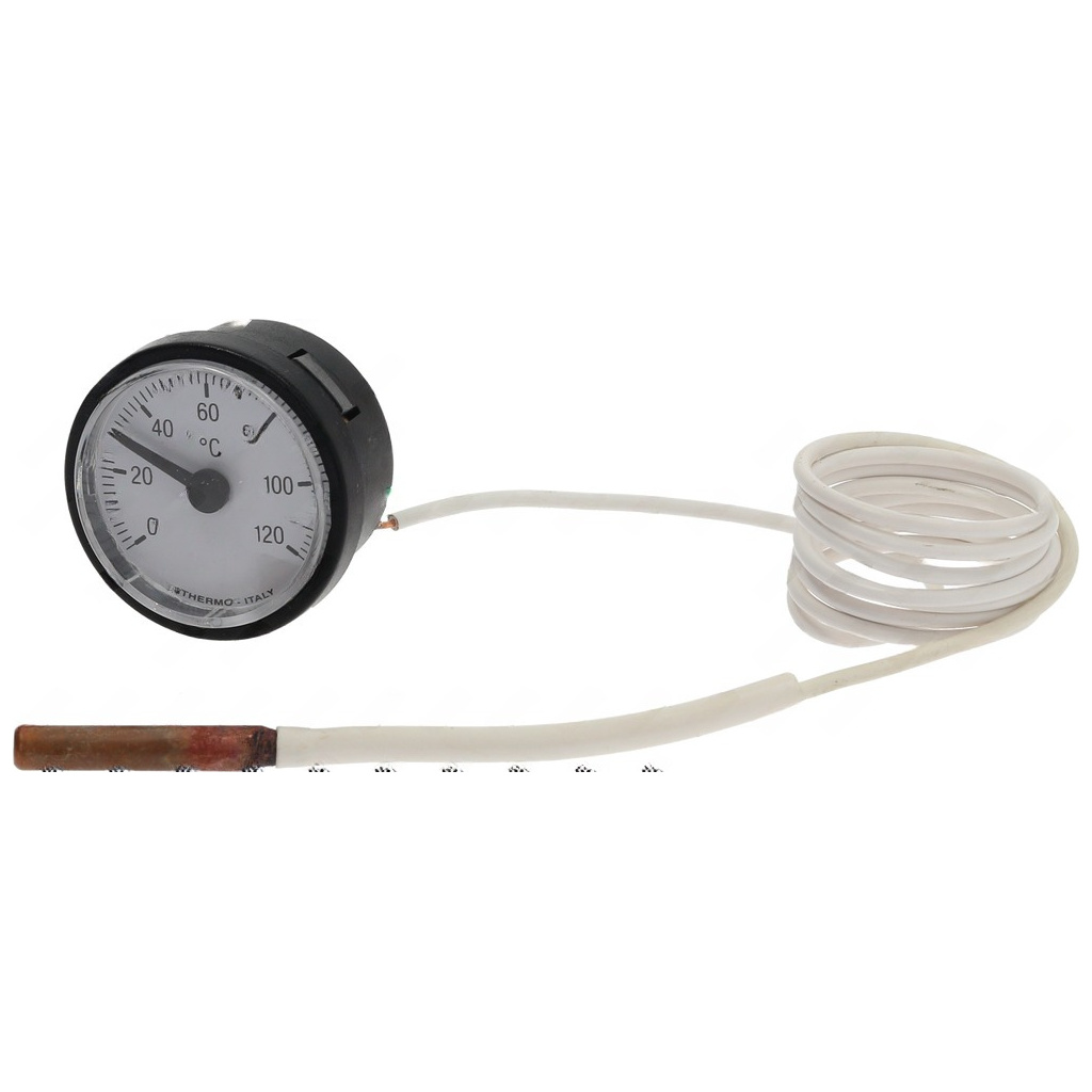 Malý kulatý teploměr s bílou stupnicí 0 až 120 °C v černém rámečku, bílý kabel vede k sondě