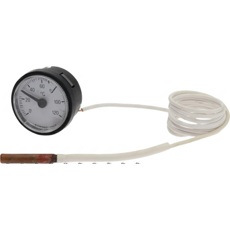 Malý kulatý teploměr s bílou stupnicí 0 až 120 °C v černém rámečku, bílý kabel vede k sondě