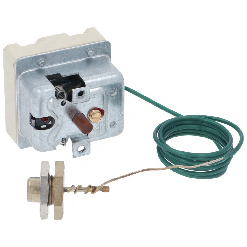 Kovová skříňka termostatu a zelený kabel stočený do kruhu, na konci dlouhá tenká sonda