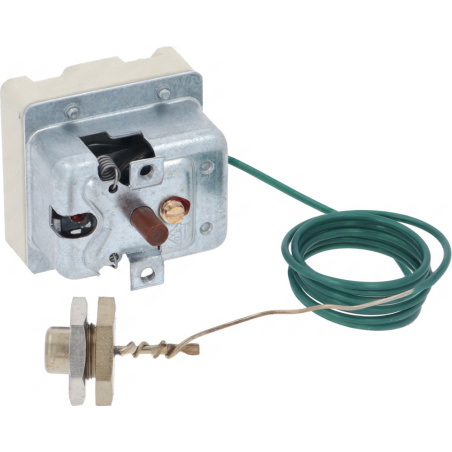 Kovová skříňka termostatu a zelený kabel stočený do kruhu, na konci dlouhá tenká sonda