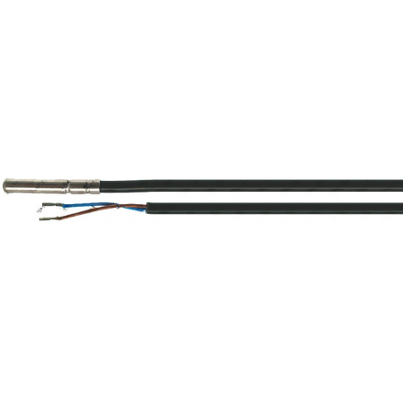Kovový válcový hrot sondy a černý PVC kabel ve dvou úsecích, na konci červený a modrý vodič