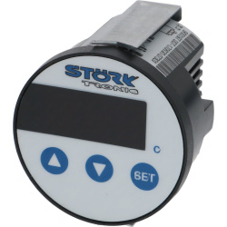 Kulatý regulátor Störk-Tronic s displejem a třemi tlačítky, elektronický termostat s PTC sondou
