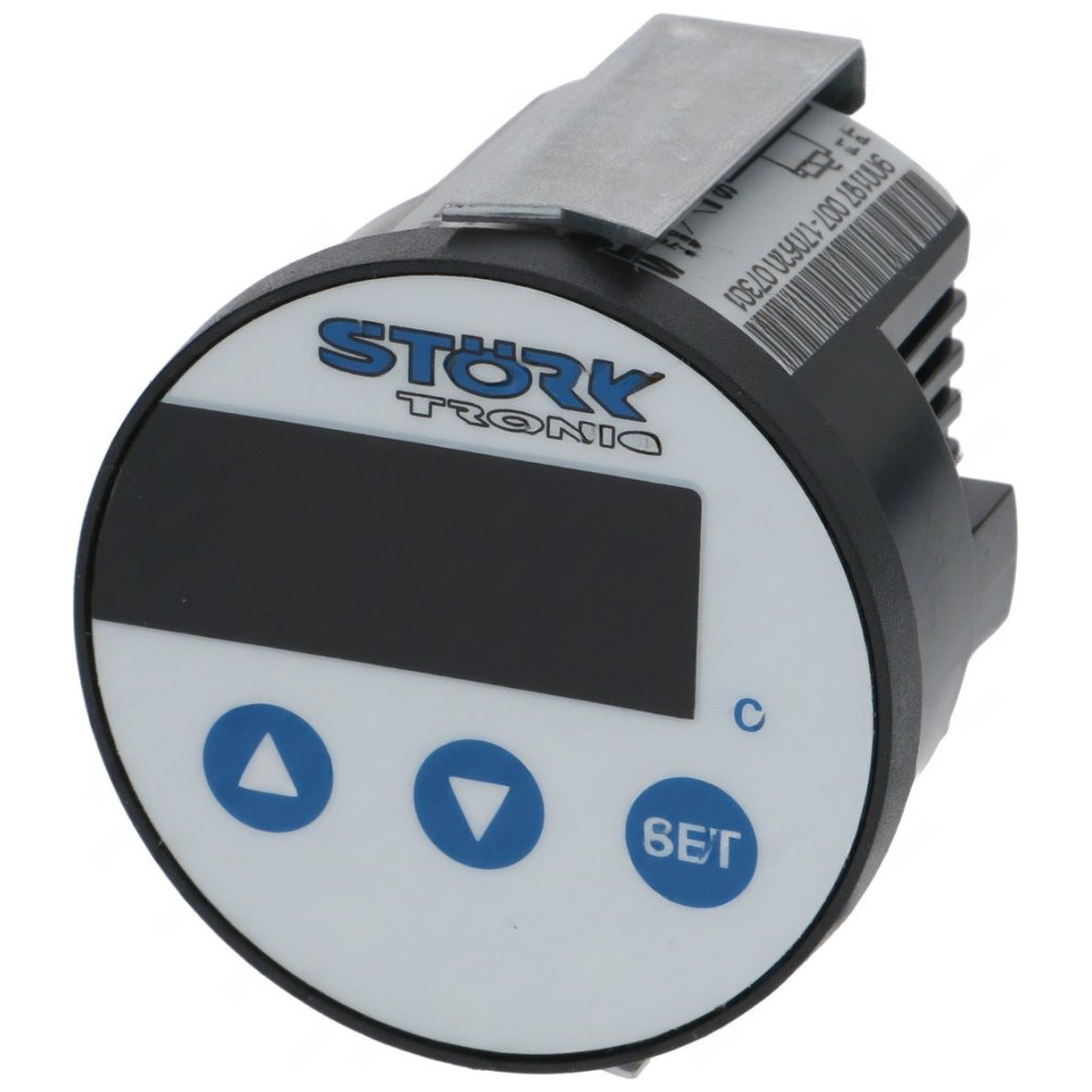 Kulatý regulátor Störk-Tronic s displejem a třemi tlačítky, elektronický termostat s PTC sondou