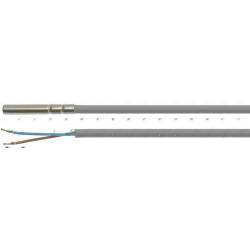 Šedý potištěný PVC kabel s kovovým hrotem ve dvou úsecích, na konci hnědý a modrý vodič