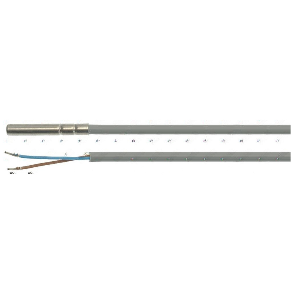 Šedý potištěný PVC kabel s kovovým hrotem ve dvou úsecích, na konci hnědý a modrý vodič