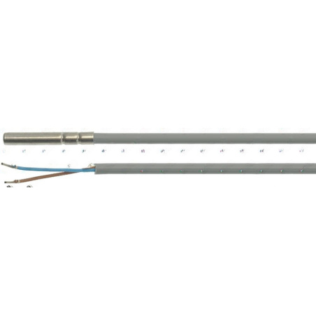 Šedý potištěný PVC kabel s kovovým hrotem ve dvou úsecích, na konci hnědý a modrý vodič