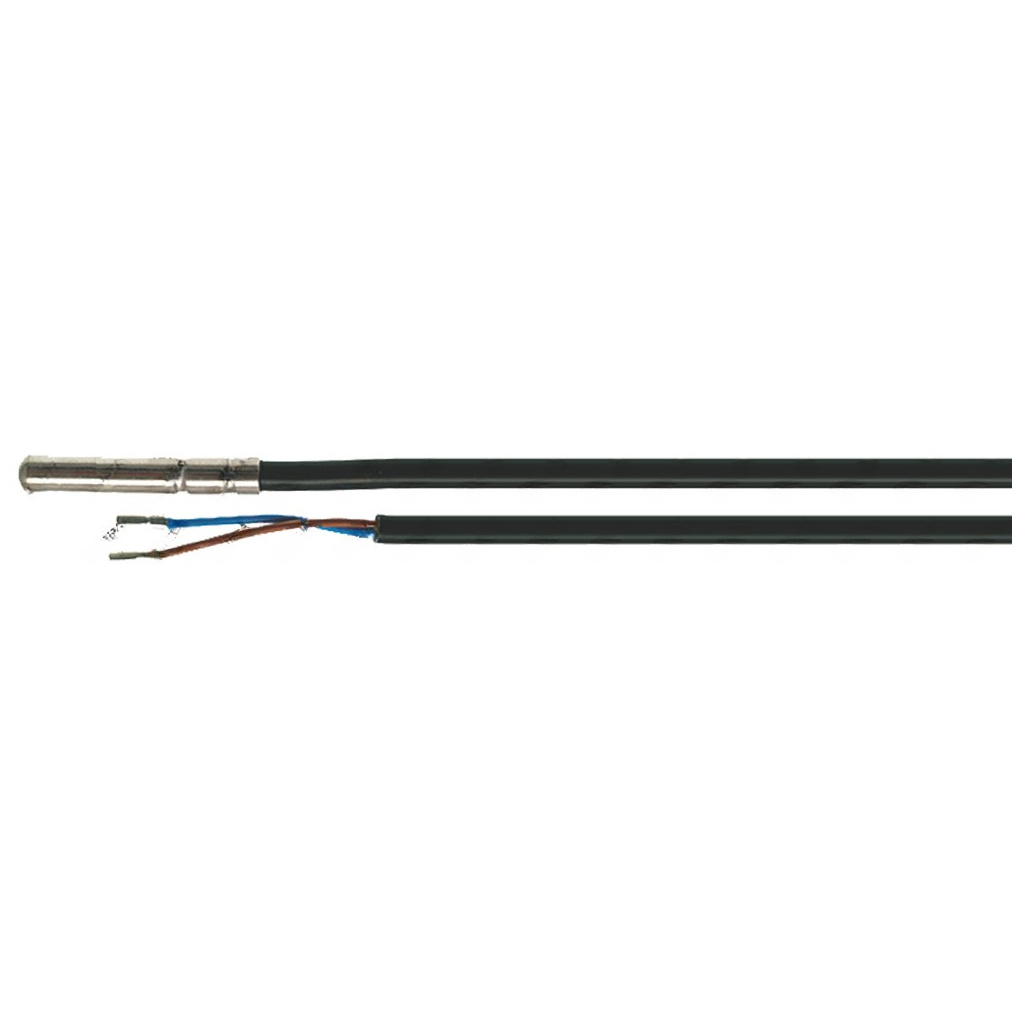 Kovový válcový hrot a černý kabel z PVC rozdělený na dvě části, na konci dva tenké vodiče