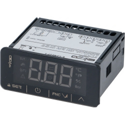 Elektronický regulátor v černém panelu s LCD displejem, tlačítky a štítkem s nákresem zapojení Elektronický regulátor v černém panelu s LCD displejem, tlačítky a štítkem s nákresem zapojení
