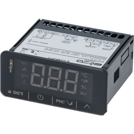 Elektronický regulátor v černém panelu s LCD displejem, tlačítky a štítkem s nákresem zapojení