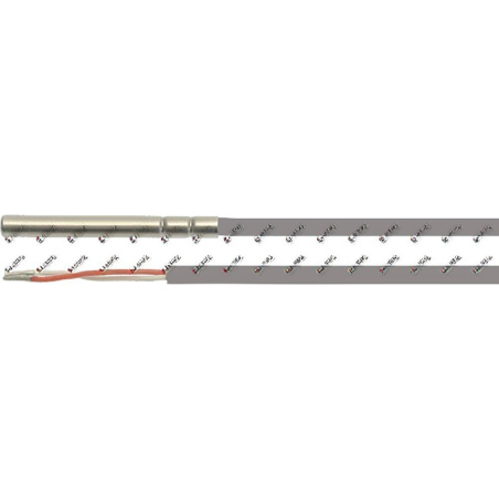 Dlouhý šedý silikonový kabel sondy s kovovým koncem, ukázaný po částech