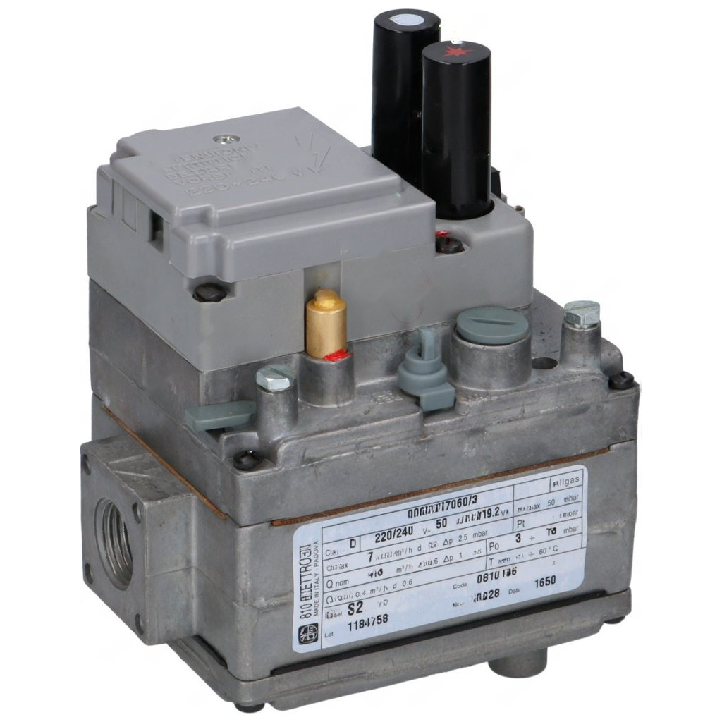 Dvě černé solenoidové hlavice a otočný knoflík na plynovém ventilu v šedém krytu, přípojka 1/2"